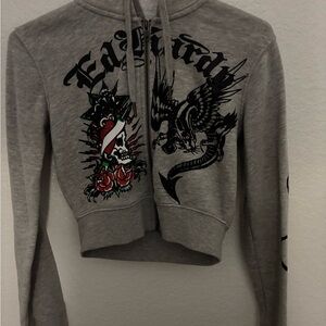 Ed Hardy Gray Cropped Hoodie with Tattoo Graphics ed Hardy tracksuit set gray